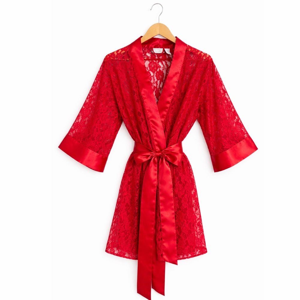Vintage Victoria’s Secret Gold Label Red Lace Robe Kimono Sleeve Satin One Size - Picture 2 of 10